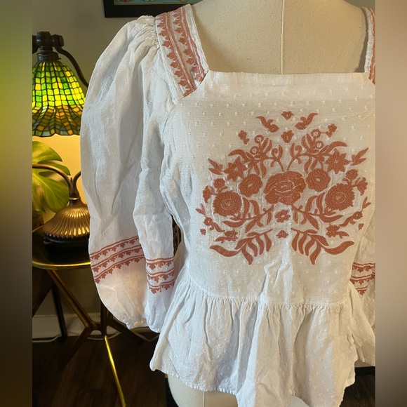 Pink Embroidery White Voluminous Sleeve Peasant Top - Picture 2 of 5